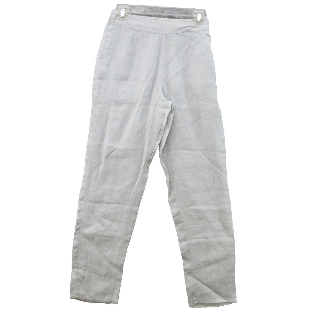 FLAX Designs Linen Pants XS Gray Elastic Waistband Side Button New